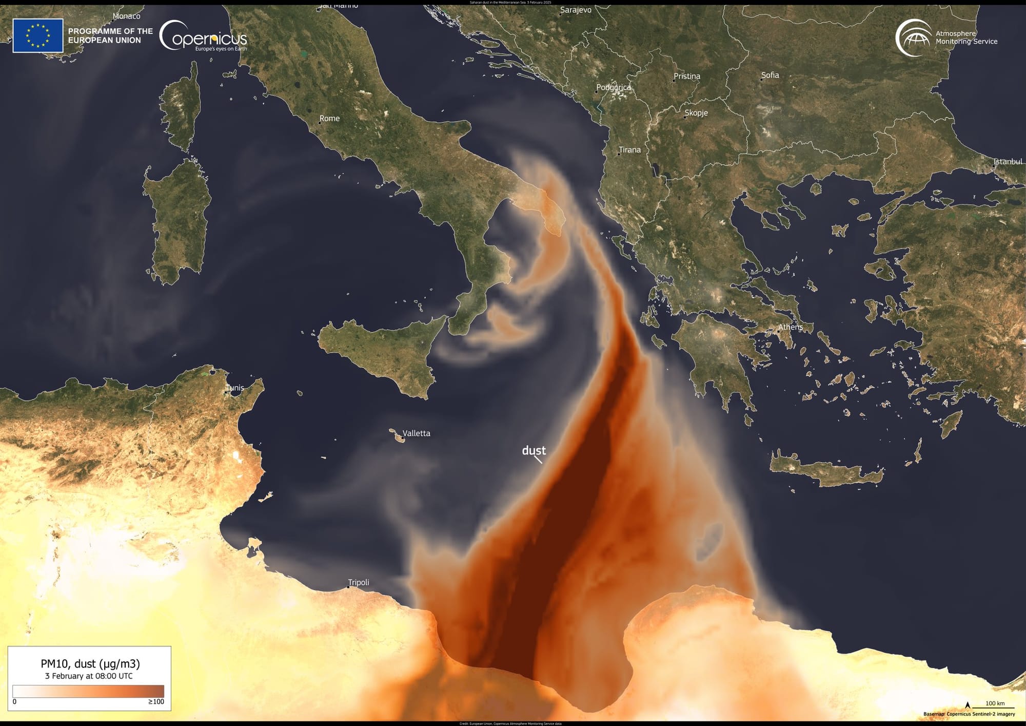 Dai satelliti di Copernicus le immagini straordinarie della sabbia del Sahara che invade il Sud Italia